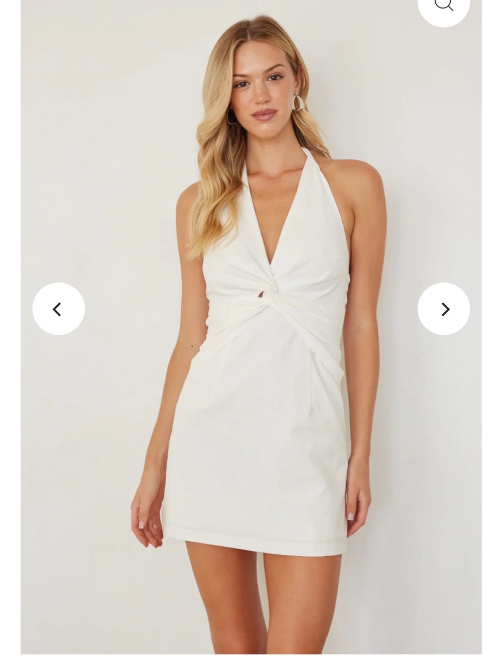 American Threads Selina White Twist-Front Halter Mini Dress
